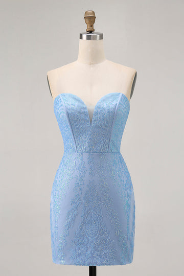 Blue Bodycon Strapless Beaded Cocktail Dress